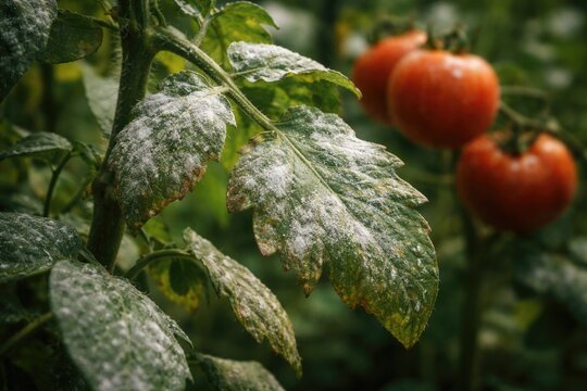Intriguing encounter showing powdery mildew infection on healthy tomato plant leaves