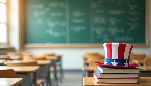 An Uncle Sam hat rests on books in an empty classroom. A green chalkboard with writing is in background. Empty desks fill the room. Focus on patriotic education and American symbolism for learning.