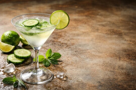 Chilled cucumber martini glass with lime garnish and leave space for your message on rustic surface