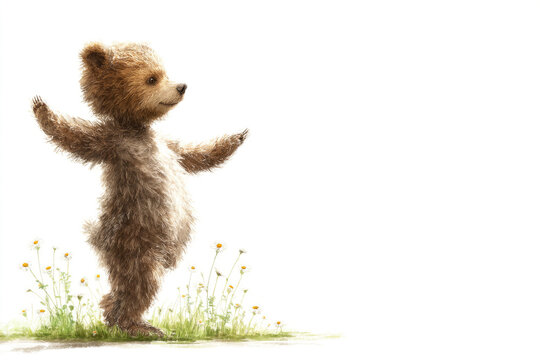 A bear cub stands on the grass among the daisies. Space for text.