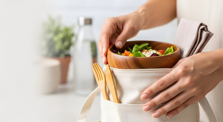 Naklejka premium A person preparing a healthy salad in a kitchen with fresh ingredients and utensils