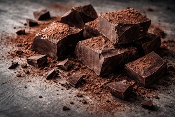 Fototapeta premium Close up of rich chocolate chunks with cocoa powder on textured gray surface with broken dark chocolate pieces