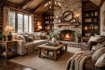 Naklejka premium Cozy log cabin living room front perspective with beige and dark wood walls and farmhouse decor accents
