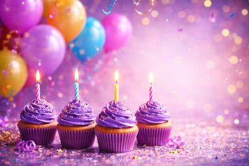 Fototapeta premium Festive scene with purple cupcakes decorated with candles and colorful balloons on a celebratory background with copy space