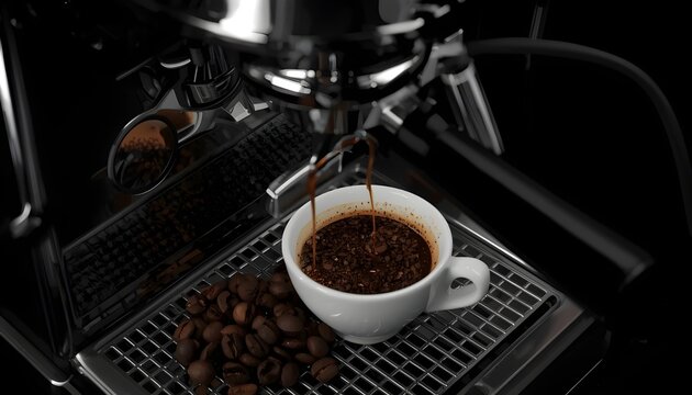A close-up shot of espresso pouring into a white cup from a shiny coffee machine with coffee beans scattered on the metal grate