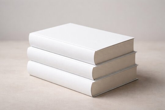 Vertical stack of three white bound books