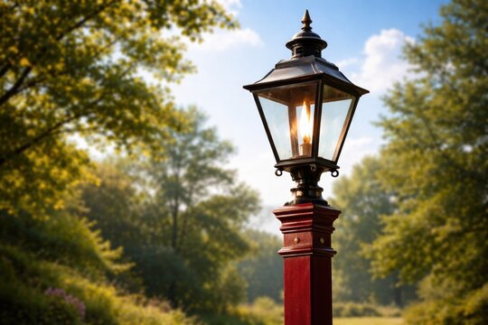 Classic gaslight lantern perched on a tall crimson wooden pole with a sunny summer backdrop