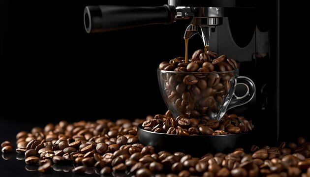 A close-up shot of espresso pouring into a glass cup filled with coffee beans from a machine on a black background