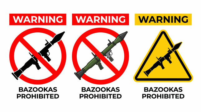 Vector collection of warning signs emphatically prohibiting rocket launchers and heavy weaponry, highlighting restricted access and crucial safety rules in designated areas