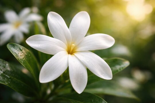 Delicate white petals of tropical Tiare flower showcasing natural beauty in soft focus background