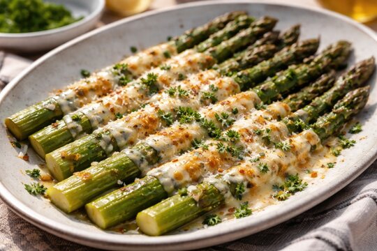 Flavorful roasted asparagus served as a healthy summer appetizer with rich b&Atilde;&copy;chamel