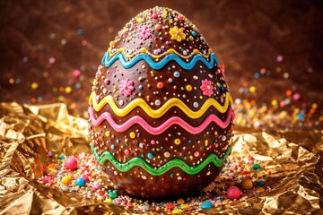 Fototapeta premium Vibrantly decorated chocolate Easter egg with colorful sprinkles on shiny foil and textured background