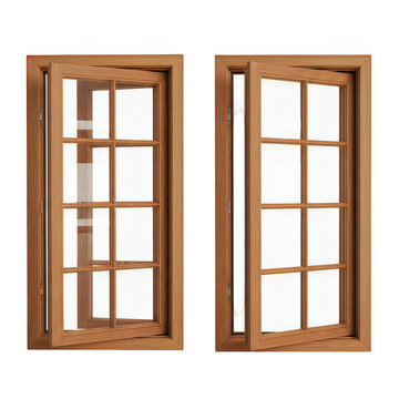 Two traditional wooden double-hung windows with divided panes and dark frames Transparent Background, png.