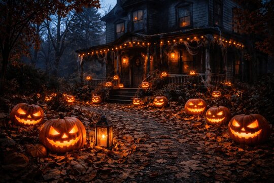 Spooky house Halloween decoration with glowing pumpkin lights and fallen leaves in dusky backyard