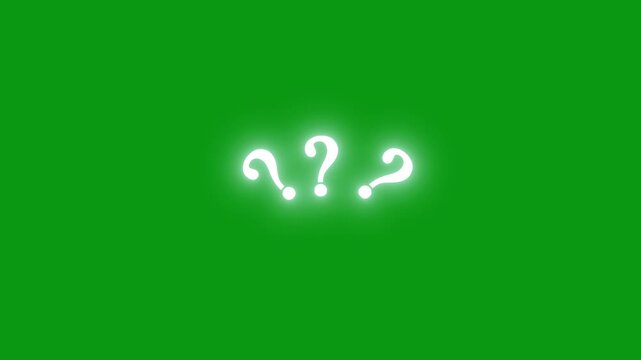 Question mark animation on chroma key with glowing white effect on green screen, confused effect raining question marks motion graphic animation, 4K high-resolution video for VFX editing