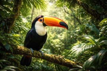Obraz premium Illustrated toucan resting amid dense tropical trees and bushes panorama