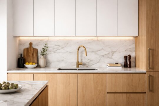 Contemporary kitchen with marble surface white and wood cupboards and stylish gold tap