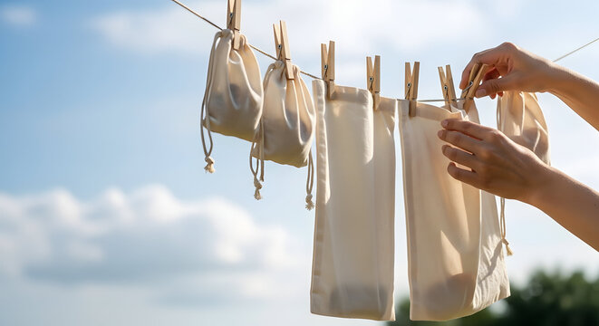 A person hanging laundry on a clothesline outdoors on a sunny day with a clear blue sky