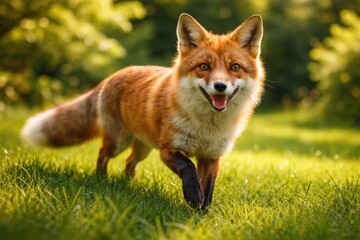 Fototapeta premium Happy fox pet exploring lush green lawn in full length on a bright summer afternoon