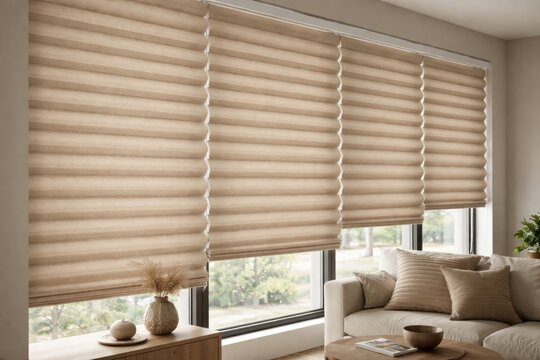 Beige pleated shades in 50 millimeter folds enhancing privacy on modern window panels