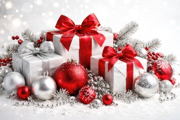 Fototapeta premium Festive holiday scene with silver and red Christmas ornaments and wrapped gifts on a white backdrop