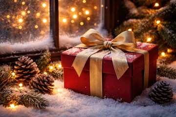 Fototapeta premium Elegant red gift box on snowy ground near window with glowing festive lights and pinecones creating a magical holiday scene
