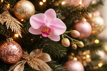 Fototapeta premium Close up of pink orchid bloom with unopened buds on Christmas tree decorated with gold and pink ornaments