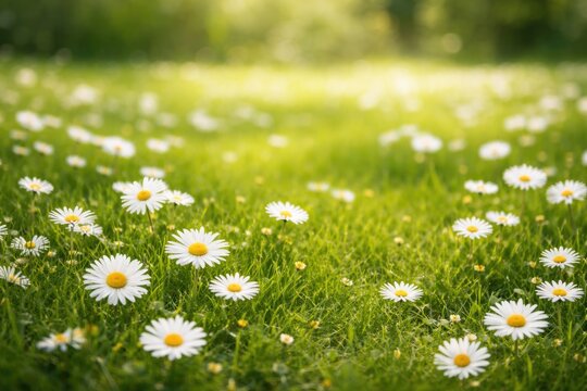 Margarite style white flower blossoms scattered across a green meadow with copy space
