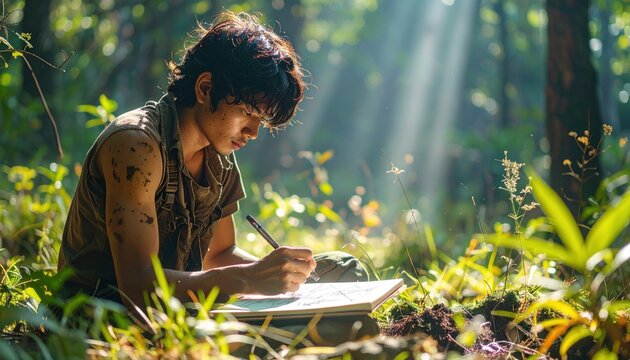 Young survivor sketching a rudimentary shelter design in a mud-stained notebook amidst sunlit forest flora