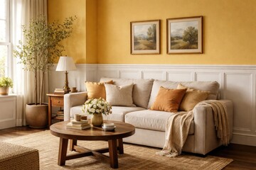 Fototapeta premium Cozy space showcasing yellow walls contrasted by crisp white wainscoting paneling
