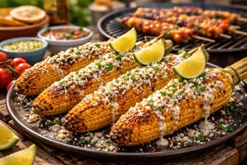 Obraz premium Summer barbecue featuring Mexican elotes topped with cheese and lemon slices