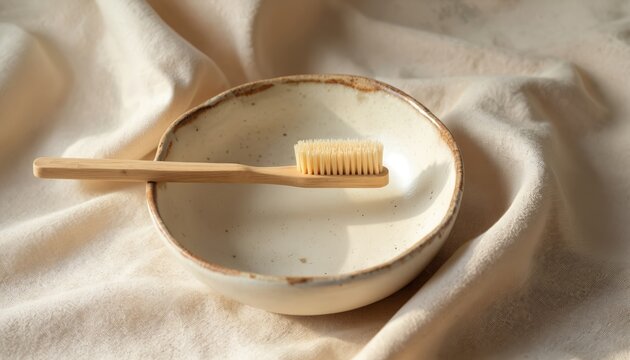 Natural bamboo toothbrush rests in empty ceramic bowl. Simple hygiene objects on textured linen fabric. Minimalist clean setting promotes eco friendly daily routine.