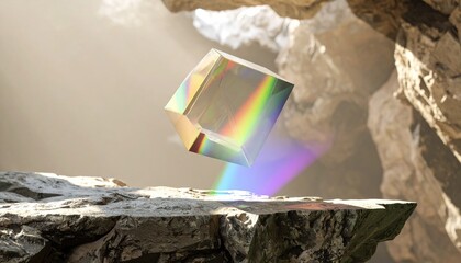 Naklejka premium Levitating Crystalline Prism Emitting a Spectrum of Colors Through Internal Light Displayed on Rock Surface