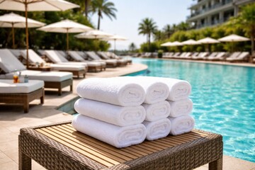 Obraz premium Hotel swimming pool deck displaying organized white towels ready for use