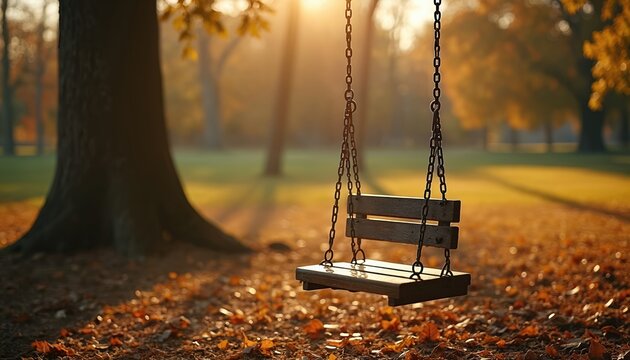 Wooden swing hangs empty in park on autumn day. Golden sunlight streams through trees illuminating fallen leaves on ground. Nature scene evokes peaceful nostalgia.