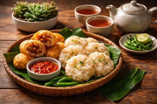 Relishing Indonesian cireng and combro snacks paired with jasmine tea on a wooden surface complemented by a simple succulent arrangement