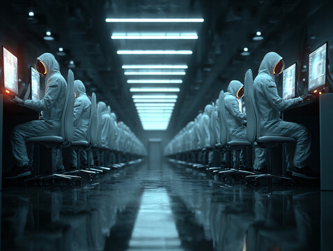 A surreal monochromatic office with mirrored walls, identical workers in white suits, and endless rows of computers evokes dystopian conformity and sterile alienation.