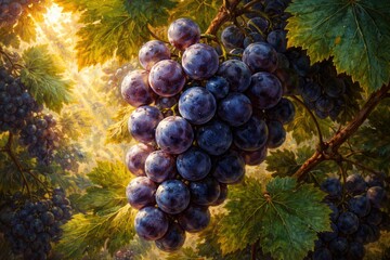 Fototapeta premium Oil painting close up of ripe blue grapes bathed in sunlight with thriving grapevines behind