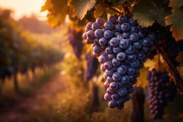 Naklejka premium Close up of ripe Sangiovese grapes in vineyard illuminated by soft evening glow with copyspace