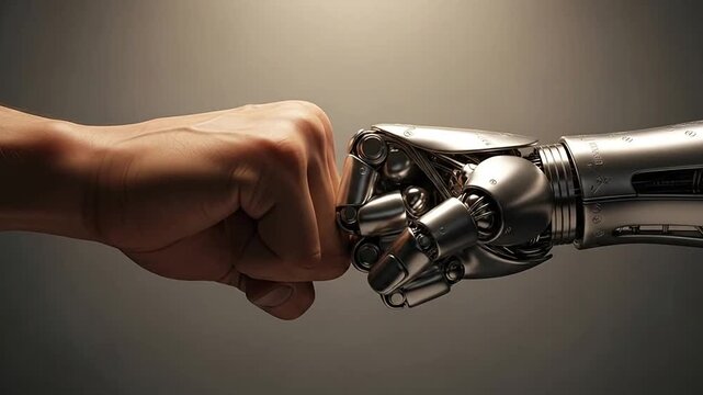 Human hand and robotic arm fist bump.