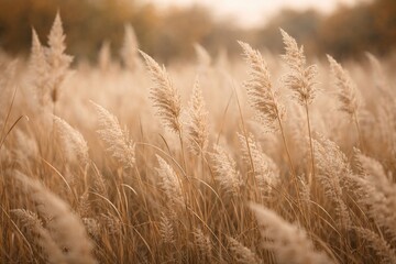 Fototapeta premium Earth tone prairie grass in soft neutral shades with beige reed during autumn banner