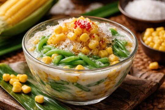 Sweet corn cendol dessert with traditional flavors and fresh ingredients