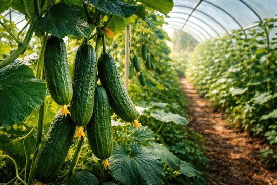 Fresh organic cucumbers thriving in a home vegetable garden polytunnel