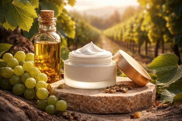 Naklejka premium Sustainable winemaking concept featuring organic skincare cream with grape seed oil on a podium