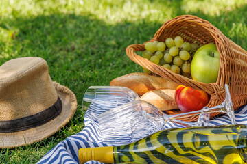 Fototapeta premium Picnic with wine, fruits, and baguette on a green meadow