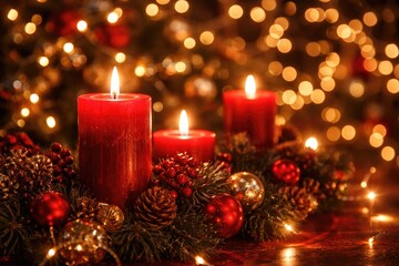 Fototapeta premium Bright festive scene with red candlelight and sparkling holiday lights