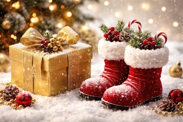 Fototapeta premium Festive gold Christmas present and red Santa boots on snowy white background