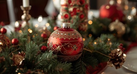 Fototapeta premium Traditional holiday ornament displayed on a holiday party table