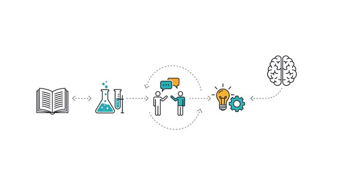 Innovation process, business workflow, education to implementation, technology development, vector icons