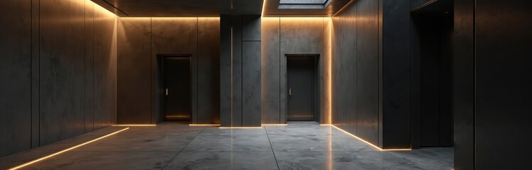 Obraz premium Dark modern corridor with concrete floor and textured walls. Warm led strip lights illuminate geometric architectural lines. Doors recess into shadowed panels creating perspective.